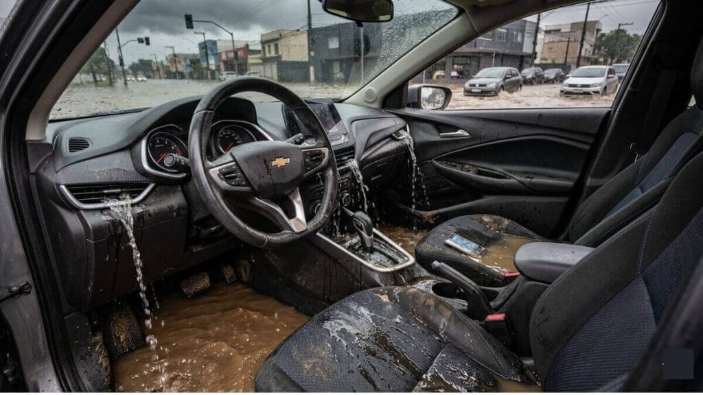 Interior de um Chevrolet Onix inundado, mostrando água barrenta no assoalho e escorrendo pelas saídas de ar-condicionado do painel.