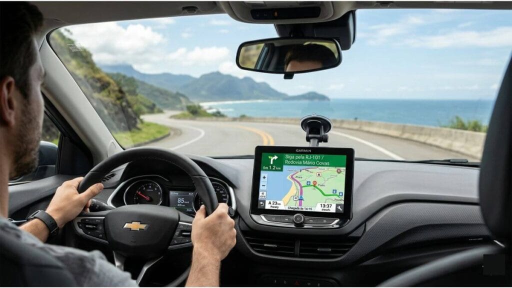 Vista interna de um motorista dirigindo um Chevrolet Onix com as mãos no volante, visualizando um GPS Garmin que mostra rotas em português em uma estrada litorânea no Brasil.