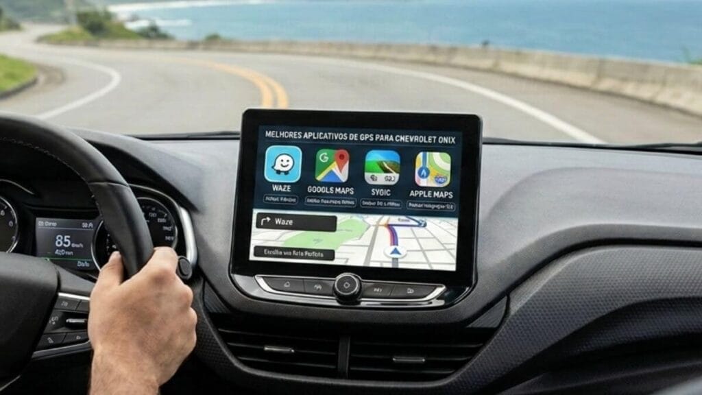 Vista de dentro de um Chevrolet Onix com um motorista ao volante. No painel, um GPS Garmin com uma tela de 7 polegadas está montado em um suporte. A tela do GPS exibe um mapa em português brasileiro com uma rota destacada em verde na Rodovia Mário Covas (BR-101), sentido norte. No fundo, através do para-brisa, vê-se uma estrada costeira sinuosa com montanhas e o oceano. O motorista tem as mãos no volante. O volante do Onix, o painel de instrumentos e o espelho retrovisor interno são visíveis.
