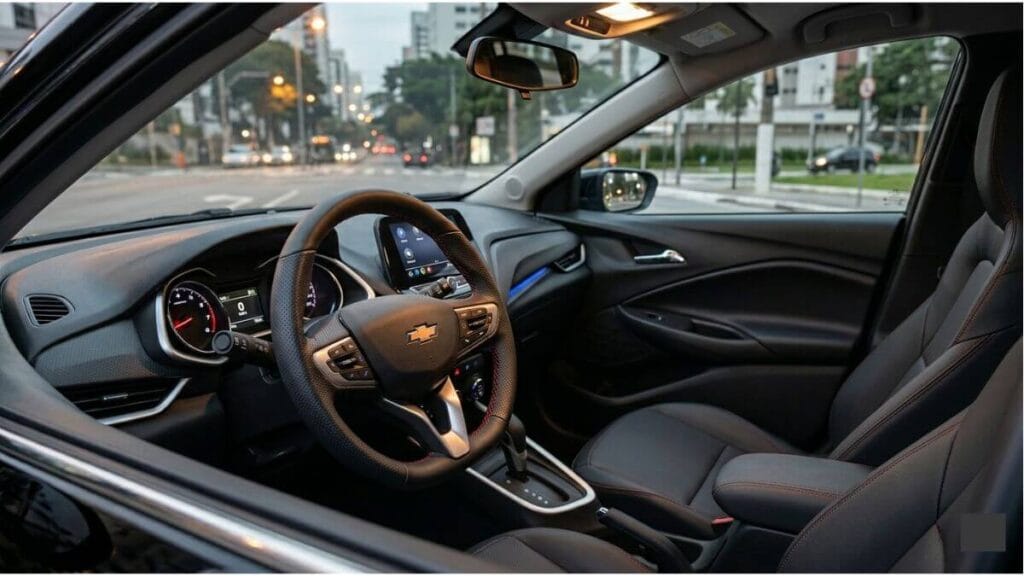Vista de dentro do cockpit de um Chevrolet Tracker Premier preto à noite, mostrando o volante multifuncional com costura vermelha, painel digital e tela multimídia ligada, estacionado em uma rua urbana iluminada.