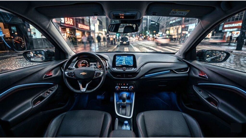 Foto do interior do Chevrolet Onix Premier à noite, destacando a iluminação ambiente em LED azul no painel e portas, e o painel de instrumentos iluminado.