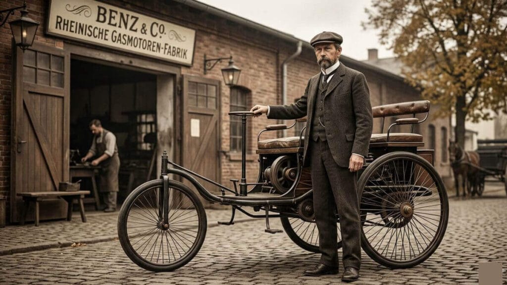 Fotografia de época de Karl Benz ao lado de seu primeiro automóvel de três rodas, o Benz Patent-Motorwagen, em frente à sua fábrica na Alemanha.