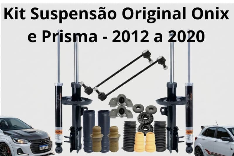 Kit completo de suspensão contendo amortecedores, bieletas, batentes e coifas organizados de forma limpa sobre fundo cinza claro.