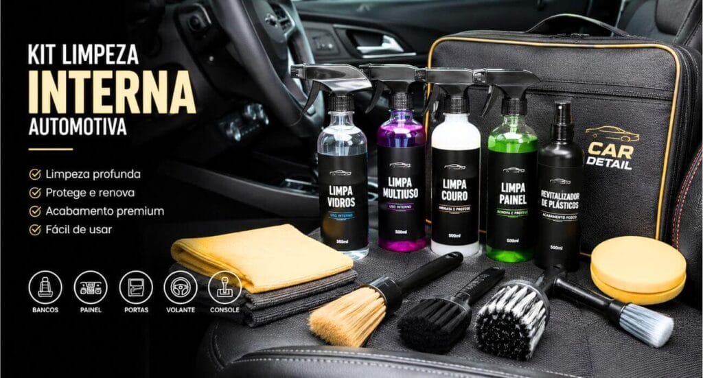 Kit de limpeza interna automotiva premium com produtos para painel, estofado, vidro, couro, escovas e panos de microfibra organizados dentro de um carro moderno.