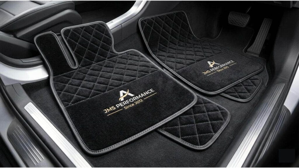 Kit de tapetes automotivos personalizados em carpete preto de alta qualidade com costura interna em formato de diamante e bordado dourado elegante.