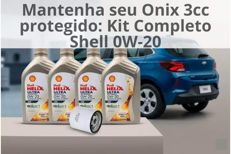 Kit de troca de óleo com quatro frascos de Shell Helix Ultra 0W-20 e um filtro de óleo, posicionados à frente de um Chevrolet Onix azul.