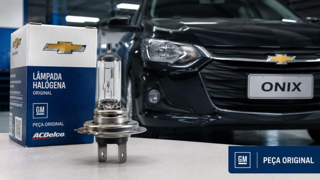 Lâmpada automotiva halógena original para Chevrolet Onix em destaque em ambiente de oficina