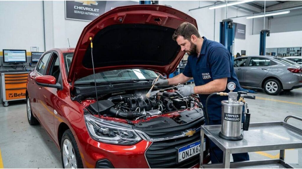 Chevrolet Onix vermelho com o capô aberto em uma oficina, enquanto o mecânico realiza a limpeza do sistema de admissão.