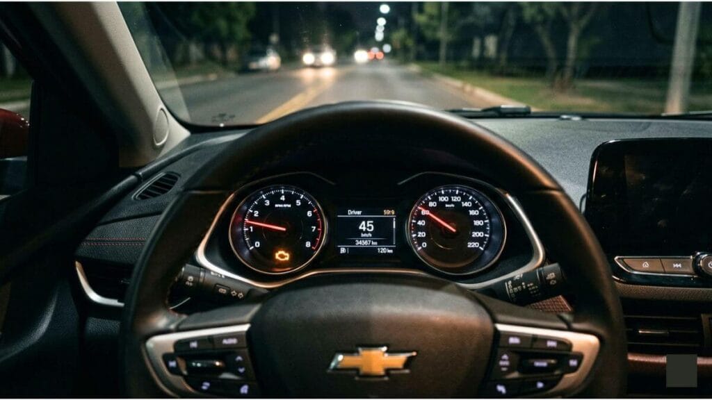 Painel do Chevrolet Onix à noite com a luz da injeção eletrônica acesa em amarelo.