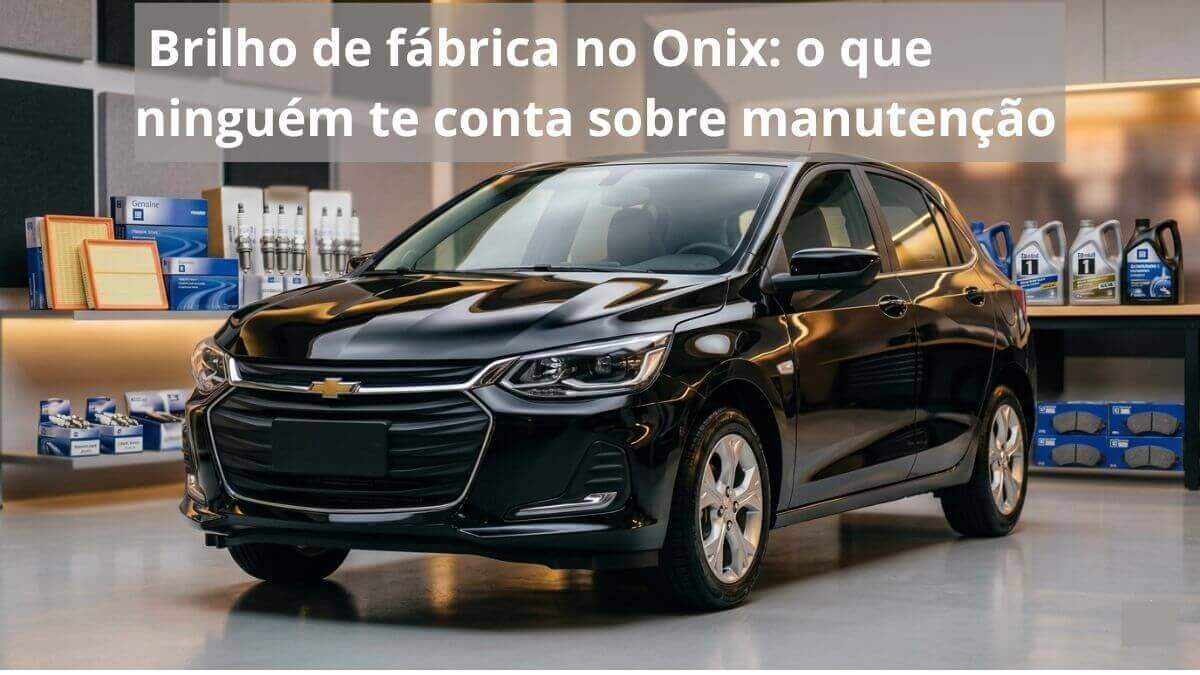 Chevrolet Onix preto impecável e brilhante em um estúdio automotivo, com peças de manutenção como filtros e óleo ao fundo em desfoque.