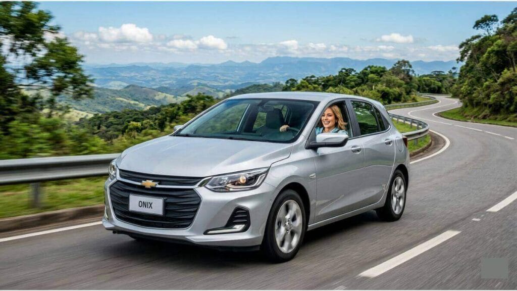 Mulher motorista sorrindo ao volante de um Chevrolet Onix prata em movimento em uma estrada limpa, representando o bom desempenho do carro com a manutenção em dia.