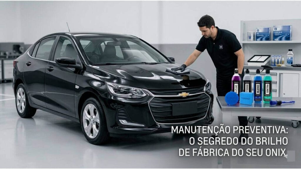Especialista em estética automotiva aplicando polimento em um Chevrolet Onix preto impecável, com kit de produtos Vonixx ao lado.