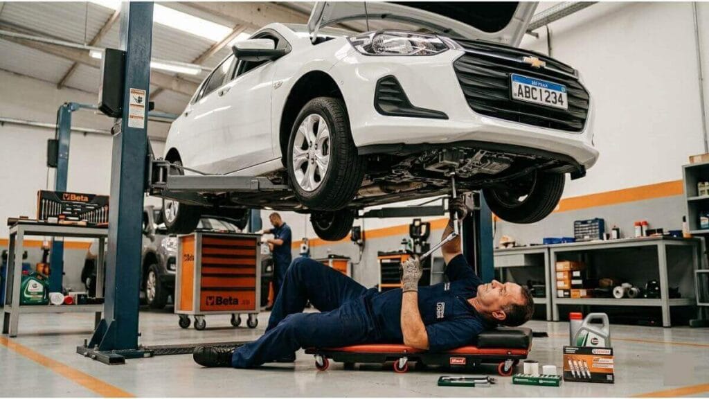 Chevrolet Onix branco em um elevador mecânico com o capô aberto e um mecânico deitado embaixo fazendo manutenção.