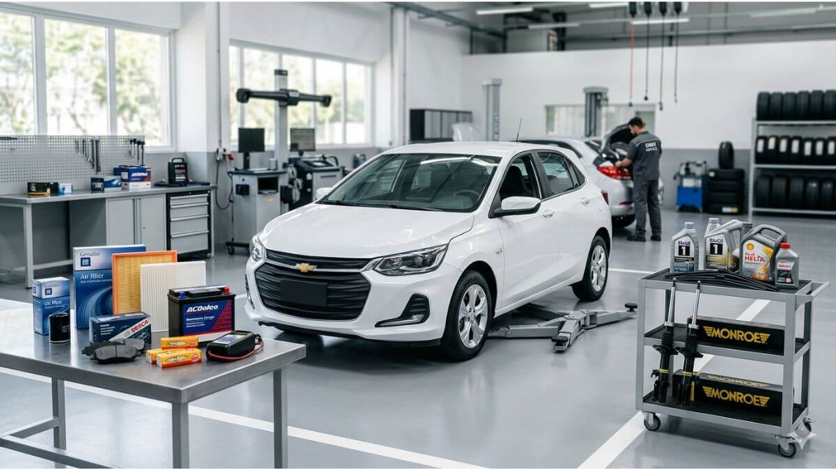 Chevrolet Onix branco posicionado em primeiro plano dentro de uma oficina mecânica moderna e limpa, cercado por bancadas e carrinhos com peças novas para manutenção preventiva, como filtros, bateria e amortecedores.