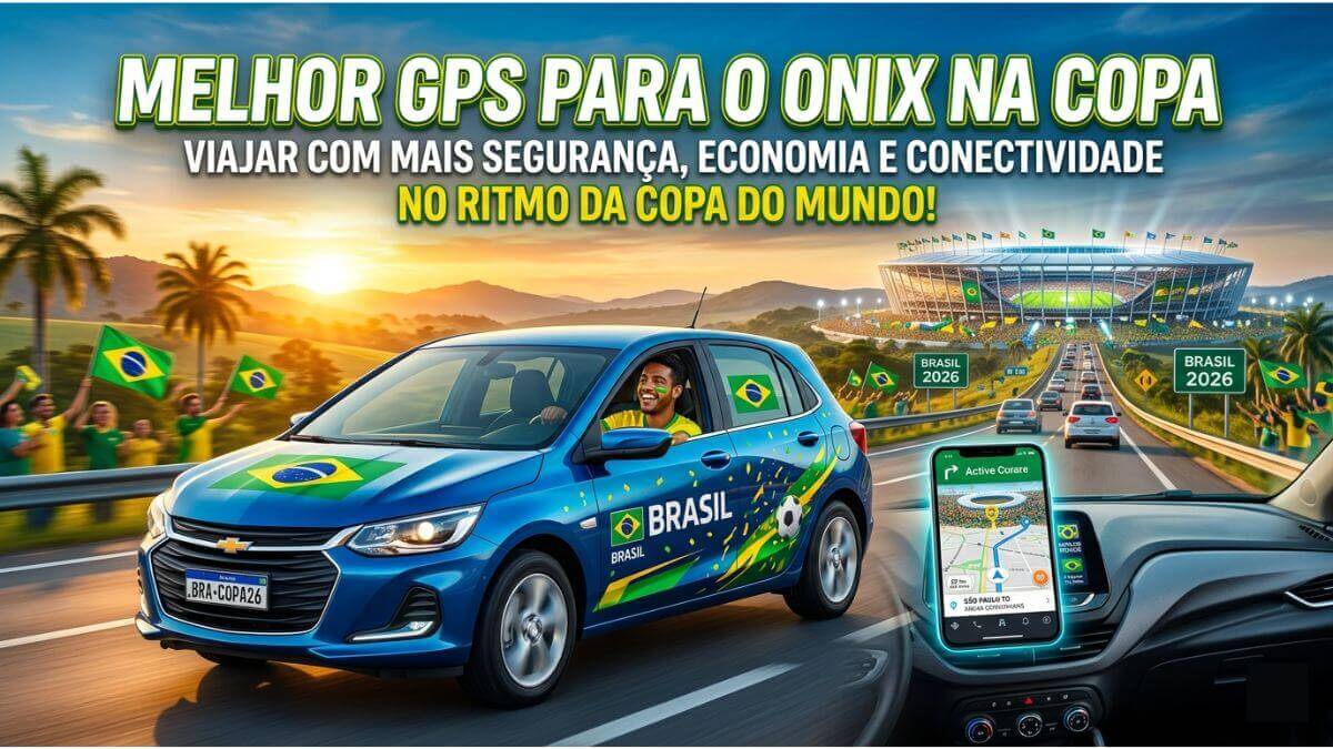 Carro Chevrolet Onix azul decorado com as cores do Brasil em uma estrada em direção a um estádio de futebol moderno. Em primeiro plano, o painel do carro exibe um smartphone em um suporte com um aplicativo de GPS ativo na tela.