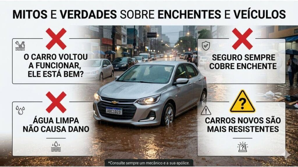 Infográfico sobre mitos e verdades de enchentes com um Chevrolet Onix prateado em uma rua alagada ao fundo. Quatro pontos são destacados com X vermelhos e um triângulo de alerta amarelo.