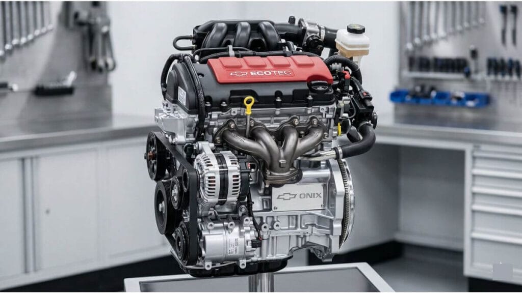 Fotografia de estúdio em alta resolução do motor Ecotec do Chevrolet Onix, limpo e isolado, mostrando componentes como a tampa de válvulas vermelha, o coletor de escape e a correia de acessórios, com uma pequena placa de identificação com o logotipo da Chevrolet.