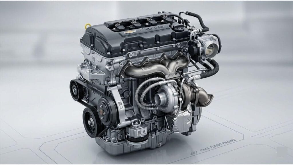 Fotografia detalhada e nítida em estúdio do motor turbo de três cilindros do Chevrolet Onix, exibindo o turbocompressor, correias e a tampa de válvulas preta com a gravata dourada da Chevrolet.