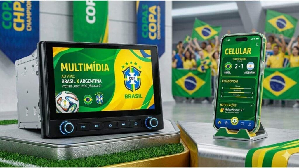 Uma central multimídia automotiva à esquerda mostrando um jogo do Brasil e um smartphone à direita em um suporte exibindo o placar do jogo, ambos decorados com as cores do Brasil no clima da Copa.