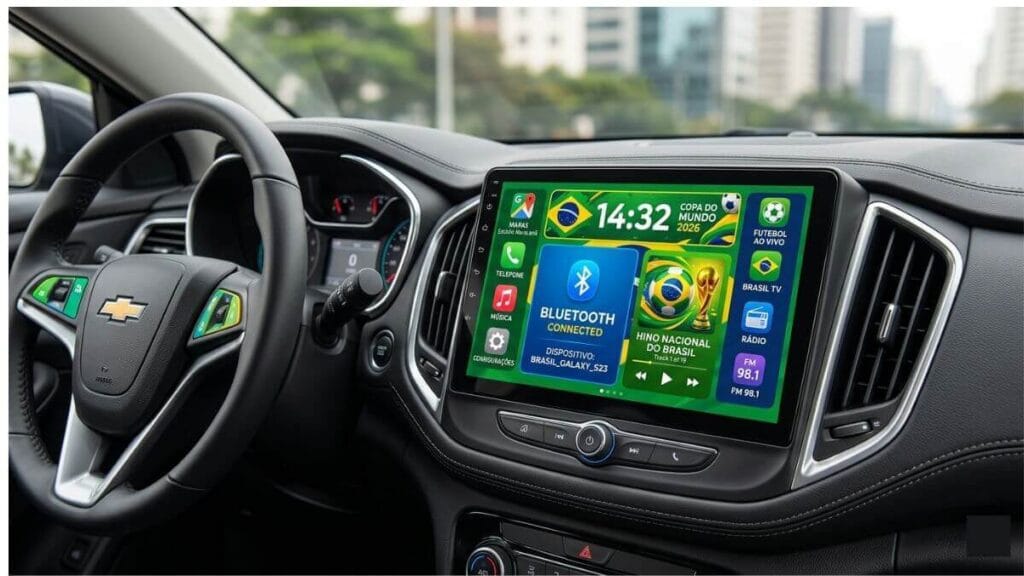 Tela da central multimídia de um Chevrolet Onix com destaque para a conexão Bluetooth ativa e a interface personalizada com as cores verde e amarela da Copa do Mundo, ideal para atender chamadas e ouvir músicas sem complicação.