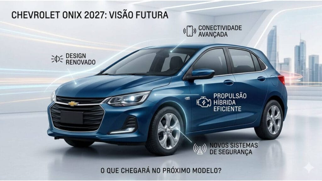 Projeção digital do Chevrolet Onix 2027 em um estúdio moderno, destacando possíveis novidades como design renovado e propulsão híbrida.