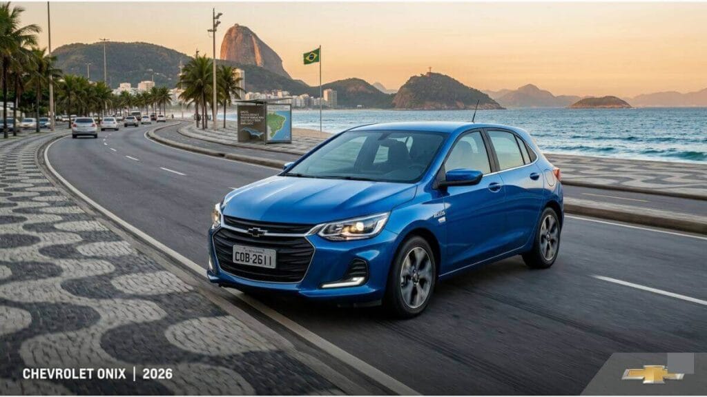 Chevrolet Onix azul 2026 em movimento pela avenida da praia de Copacabana, destacando o novo design moderno e a mudança completa de sua plataforma.