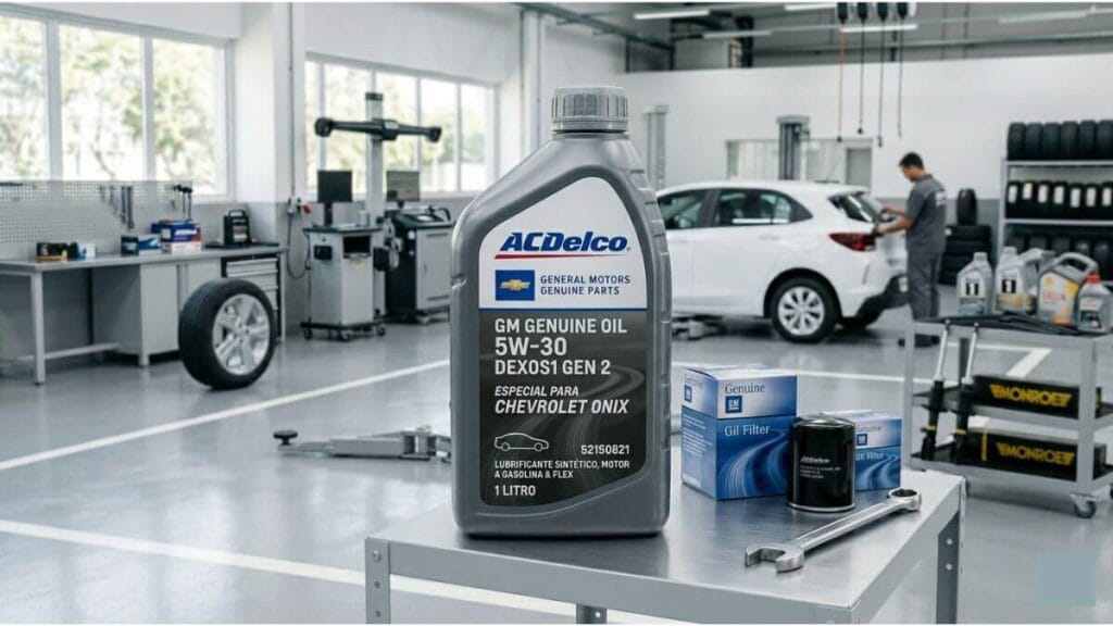 Frasco cinza de óleo de motor ACDelco 5W-30 em destaque sobre uma bancada com filtro de óleo ao lado.