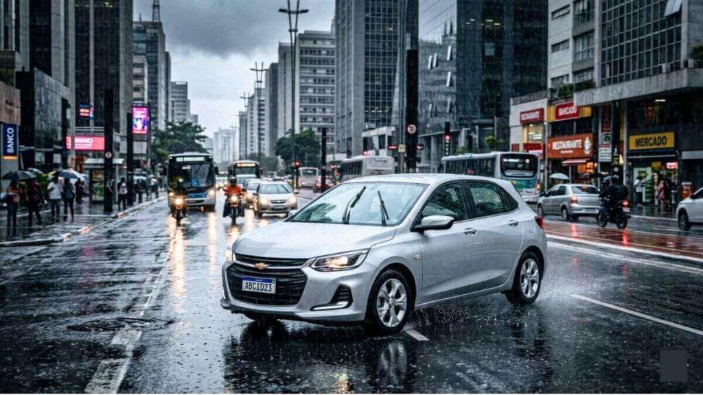 Um Chevrolet Onix moderno circulando por uma rua urbana durante o dia sob chuva. Os limpadores de para-brisa estão em movimento e a água escorre pelos vidros e pela lataria.
