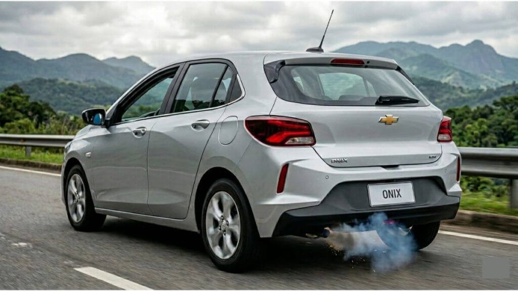 Traseira de um Chevrolet Onix prata em movimento em uma estrada, com fumaça azul saindo do escapamento e uma motorista fazendo uma careta de frustração na janela.
