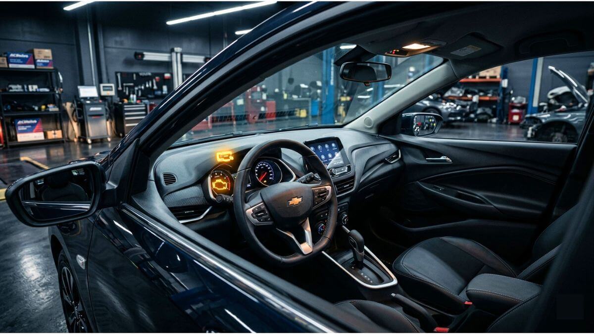 Imagem do interior de um Chevrolet Onix moderno, com o painel de instrumentos iluminado e a luz de aviso da injeção eletrônica (motor) acesa em amarelo. O carro está estacionado dentro de uma oficina mecânica profissional e bem iluminada.