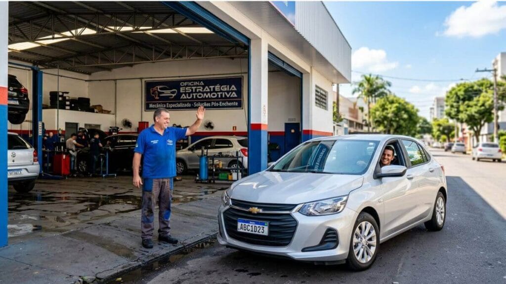 Um Chevrolet Onix prata saindo de uma oficina mecânica em um dia ensolarado. O motorista sorri pela janela enquanto o mecânico, em pé na calçada, acena em despedida.