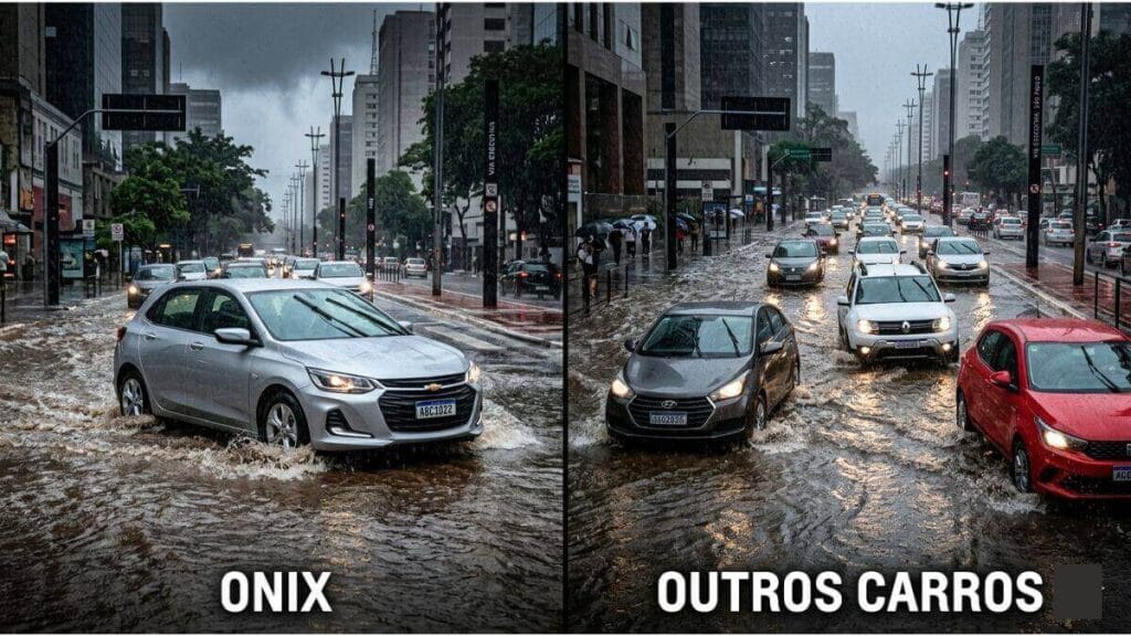 Uma imagem dividida verticalmente em duas partes. No lado esquerdo, rotulado como "ONIX", um Chevrolet Onix prata dirige com confiança através de uma rua urbana alagada, com a água atingindo a parte inferior das portas. No lado direito, rotulado como "OUTROS CARROS", um sedã cinza e um SUV branco lutam para avançar na mesma enchente, com a água mais alta e mais caótica ao redor deles. O fundo é uma avenida de cidade com prédios altos sob um céu cinzento e chuvoso.