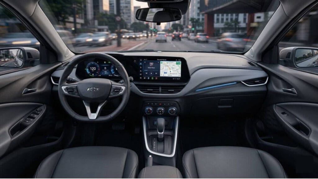 Visão frontal completa do interior de um Chevrolet Onix 2027 em São Paulo durante o anoitecer. O painel digital duplo está ativo, mostrando o velocímetro a 120 km/h e um mapa de navegação de SP no centro. O volante de base reta e a console central com câmbio automático estão em destaque. A imagem é profissional e bem iluminada.