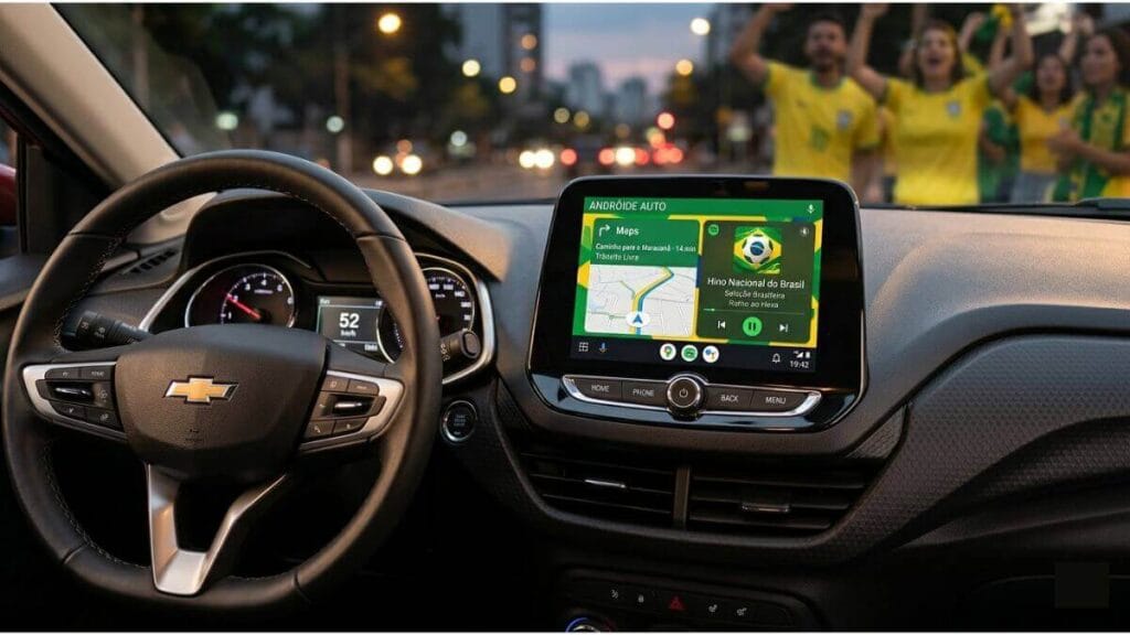 Painel de um Chevrolet Onix com foco na central multimídia MyLink exibindo o Android Auto com tema verde e amarelo da Copa do Mundo, mostrando mapa de navegação e música. Ao fundo, torcedores com a camisa do Brasil celebram na rua.