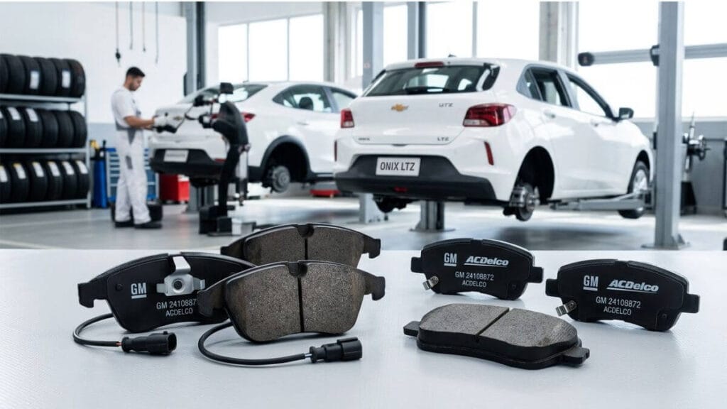 Pastilhas de freio novas da ACDelco dispostas sobre uma bancada clara com carros Chevrolet Onix ao fundo em uma oficina.