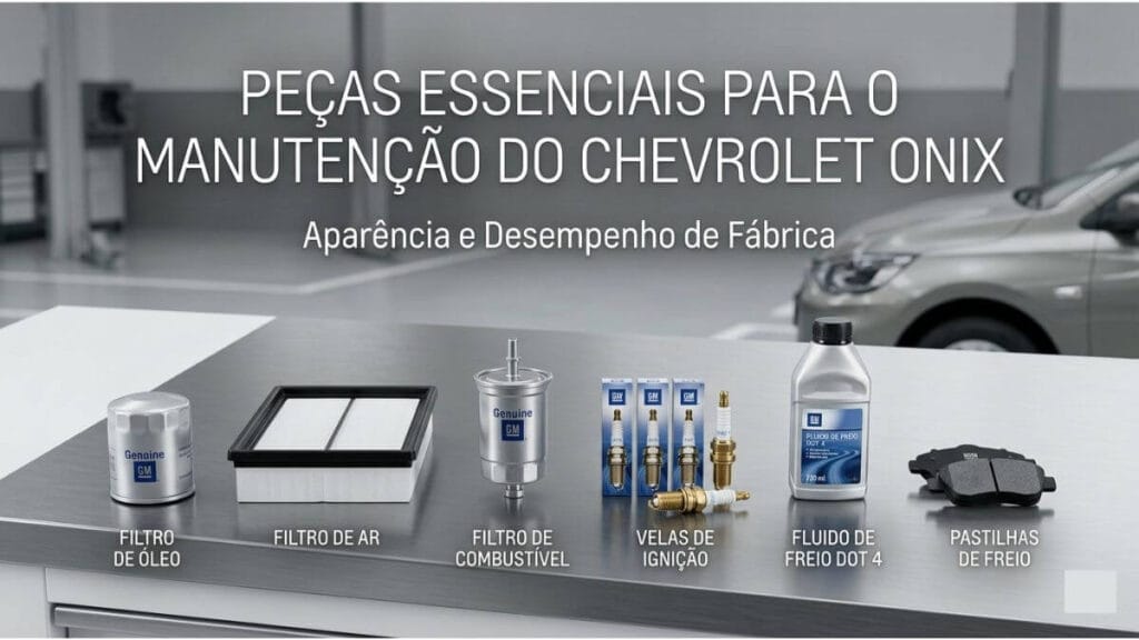 Filtros, velas, fluido e pastilhas de freio Genuine GM alinhados sobre uma bancada metálica em uma oficina.