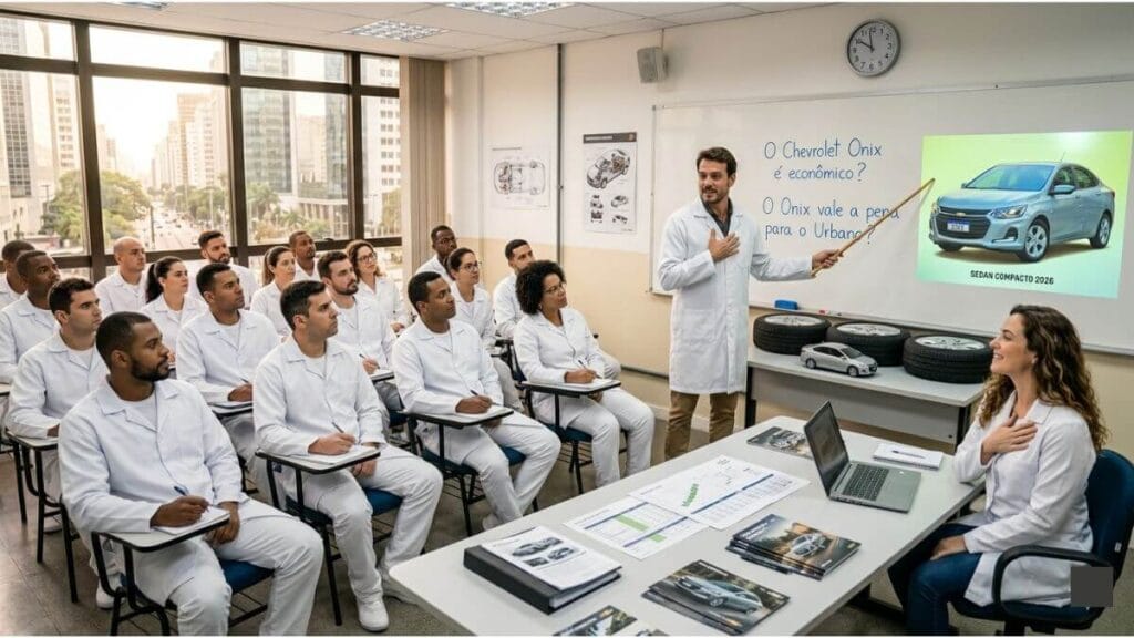 Professor de jaleco branco em uma sala de aula usa uma régua para apontar para um quadro com perguntas sobre o Chevrolet Onix, diante de alunos uniformizados de branco.