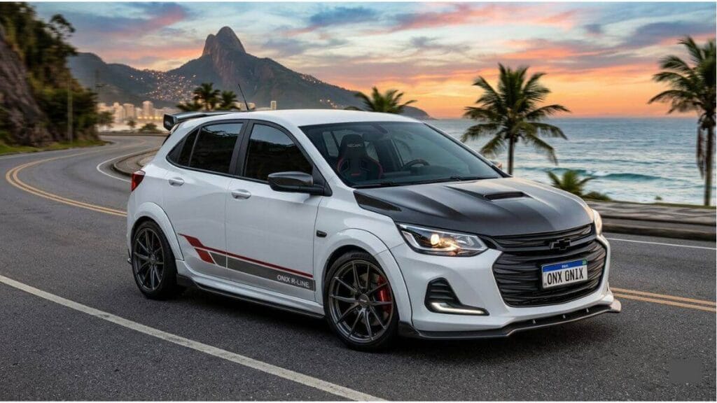 Imagem de um Chevrolet Onix branco personalizado com um kit de carroceria esportivo, rodas de liga leve pretas e decalques vermelhos, destacando a identidade e valorização que a personalização pode trazer.