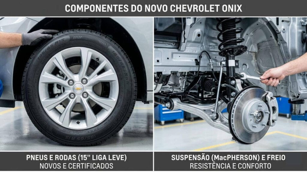Imagem dividida ao meio. Do lado esquerdo, detalhe de um pneu novo montado em roda de liga leve de um Chevrolet Onix. Do lado direito, vista detalhada do sistema de suspensão MacPherson e freio a disco do veículo em uma oficina.