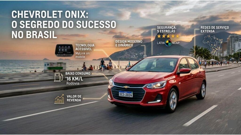 Chevrolet Onix vermelho em movimento na orla do Rio de Janeiro com infográficos que explicam seu sucesso no Brasil, exibindo tópicos como segurança 5 estrelas, baixo consumo e tecnologia acessível.