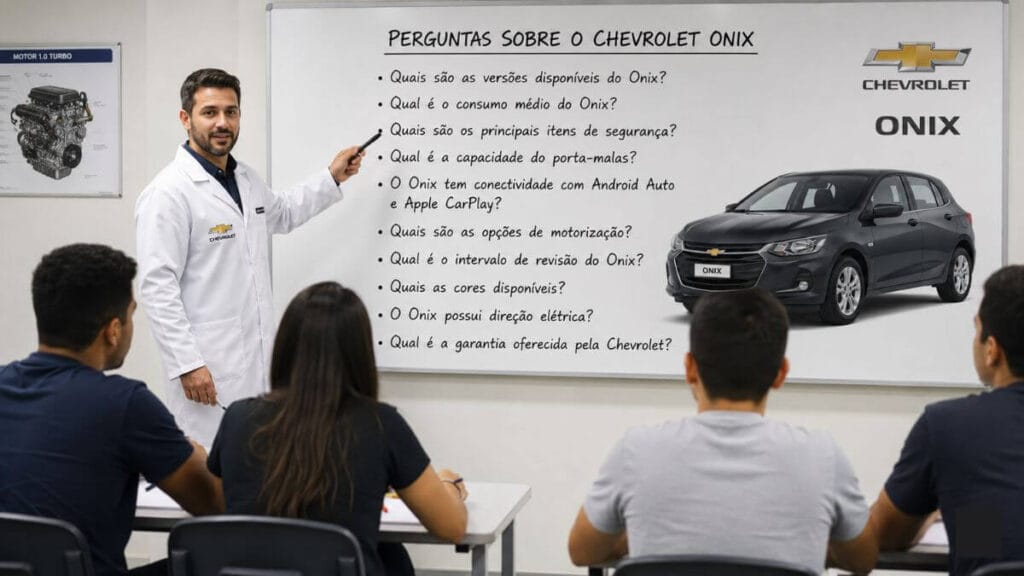Professor de jaleco branco explica dúvidas sobre o Chevrolet Onix em sala de aula enquanto alunos acompanham atentos.