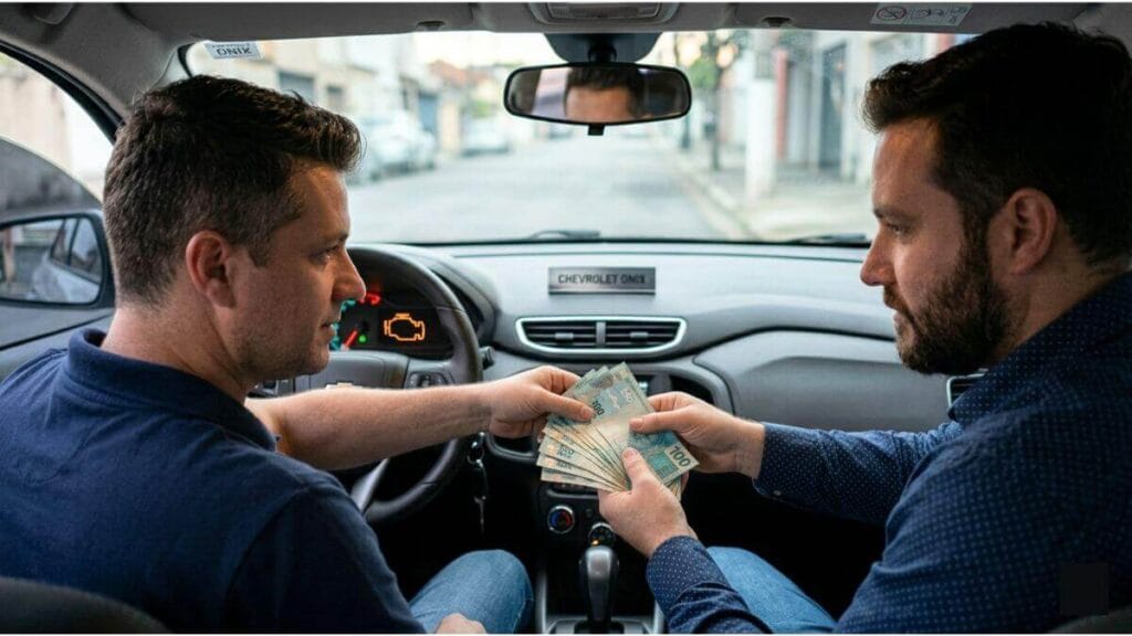 Dois homens dentro de um Chevrolet Onix trocando notas de 100 reais, com o painel e a luz da injeção acesos ao fundo.