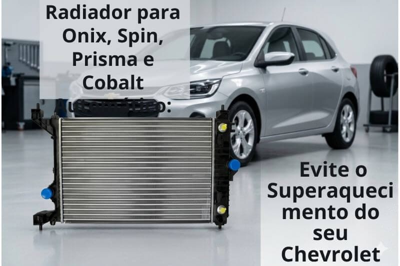 Radiador de água para veículos Chevrolet com câmbio automático, posicionado em uma oficina mecânica limpa com um Onix prata ao fundo.