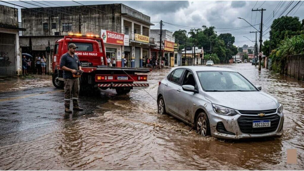 Um Chevrolet Onix prata parado em uma rua alagada está sendo puxado por um cabo de aço de um caminhão guincho vermelho estacionado em solo seco. Um operador ao lado do guincho controla o resgate.