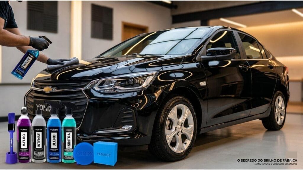 Chevrolet Onix preto recebendo polimento com kit de produtos automotivos Vonixx.