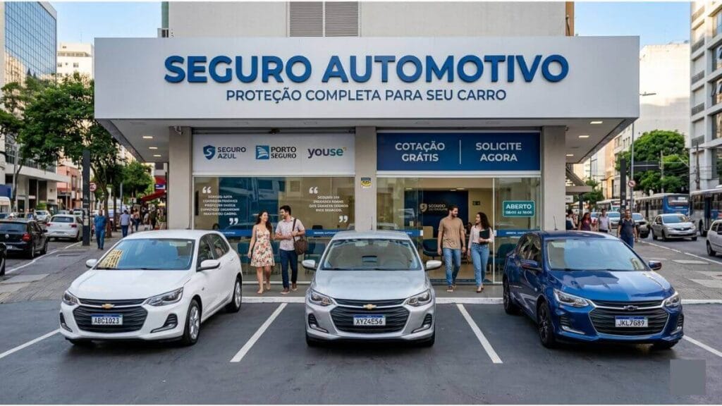 Fachada de uma loja moderna com o letreiro "SEGURO AUTOMOTIVO". À frente, três modelos de Chevrolet Onix (branco, prata e azul) estão estacionados. Pessoas são vistas entrando e saindo da loja em um ambiente urbano movimentado.