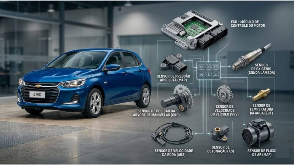 Infográfico mostrando vários sensores do Chevrolet Onix, como o módulo ECU, sensor MAP, sonda lambda e outros, dispostos sobre o carro azul em um showroom.