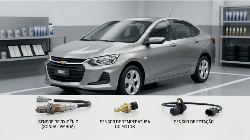 Sonda lambda, sensor de temperatura e sensor de rotação alinhados sobre uma mesa branca, com um Chevrolet Onix prata em uma oficina limpa ao fundo.