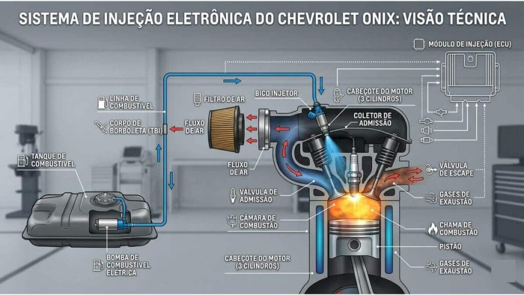 Infográfico técnico em português mostrando o sistema de injeção eletrônica e fluxo de ar em um motor de 3 cilindros do Chevrolet Onix.