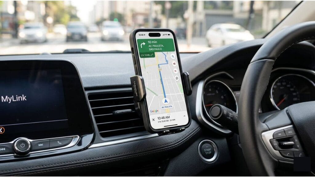 Suporte de celular automotiva universal fixado na saída de ar condicionado do painel do carro, segurando um smartphone com aplicativo de mapa de navegação aberto.